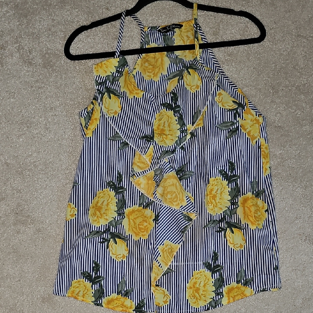 Yellow Floral Striped Halter Tank Top